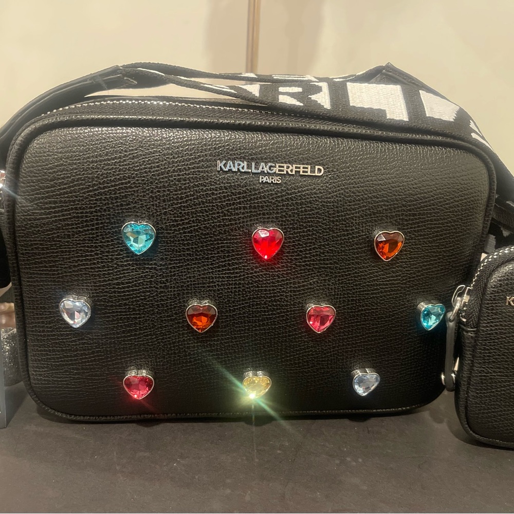Karl Lagerfeld Black and White Camera Style Crossbody Bag with Heart Accents